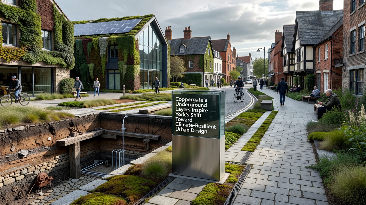 Modern climate-resilient drainage installation beside preserved archaeological layers in the Coppergate area of York