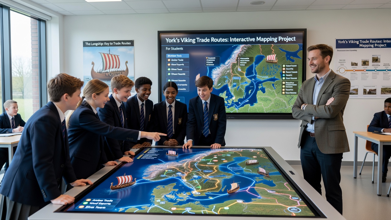 Students using tablets to examine layered Viking trade data on the interactive York mapping platform during a classroom session